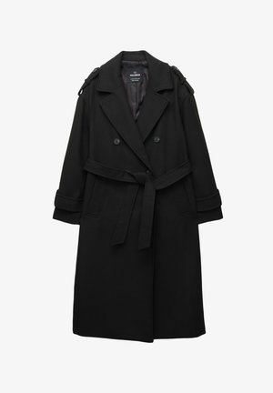 Sort uldblandet trenchcoat med dobbeltbrettet lukning, bred krave, skulderepauleter og et matchende bælte i taljen.