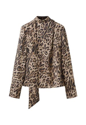 Langärmelige Bluse aus beigem Stoff mit schwarzem Leopardenmuster, ausgestattet mit einem hohen Kragen und einem Bindeband vorne. Glatte Textur.