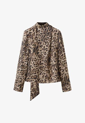 Langärmelige Bluse aus beigem Stoff mit schwarzem Leopardenmuster, ausgestattet mit einem hohen Kragen und einem Bindeband vorne. Glatte Textur.