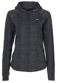 Hoodie noir avec un motif géométrique blanc, à manches longues et avec une capuche à cordon de serrage. Fabriqué en tissu lisse avec une coupe ajustée.