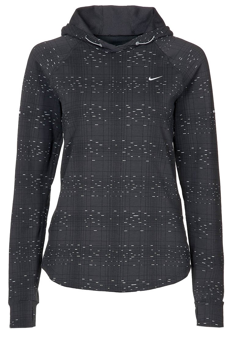 Hoodie noir avec un motif géométrique blanc, à manches longues et avec une capuche à cordon de serrage. Fabriqué en tissu lisse avec une coupe ajustée.