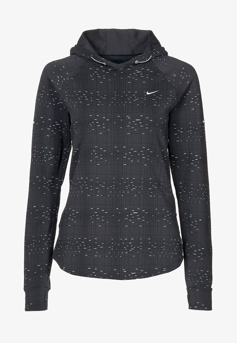 Hoodie noir avec un motif géométrique blanc, à manches longues et avec une capuche à cordon de serrage. Fabriqué en tissu lisse avec une coupe ajustée.