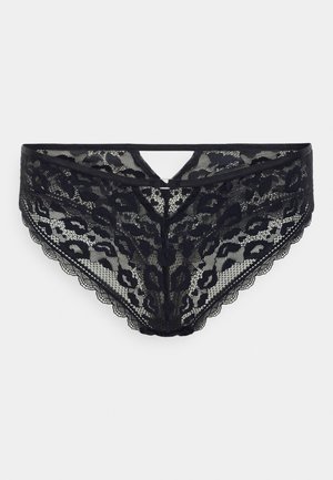 Mutande in pizzo nero con un motivo floreale, bordi ondulati e un design a V con un piccolo ritaglio sul retro.