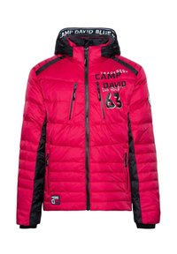 Chaqueta de plumas roja con detalles en negro. Presenta un cuello alto, bolsillos con cremallera y logo. Textura acolchada para aislamiento.