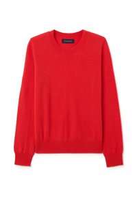 Maglione rosso lavorato a maglia con scollatura rotonda, polsini e bordo a coste. Realizzato in tessuto morbido, presenta una texture liscia e un design semplice.