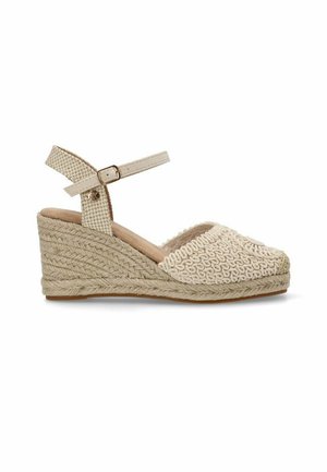 Scarpa espadrill con zeppa beige, con tomaia in tessuto intrecciato, cinturino alla caviglia e tacco in stile juta intrecciato. Punta arrotondata e texture morbida.