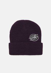 Dark purple knitted beanie with a folded cuff featuring a white embroidered "Santa Cruz" logo. The texture is ribbed and stretchable.