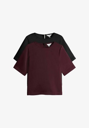 Komplet bluzek z krótkim rękawem w kolorze burgundowym i czarnym. Charakteryzuje się okrągłym dekoltem, gładką teksturą oraz zamkiem błyskawicznym z tyłu każdej bluzki.
