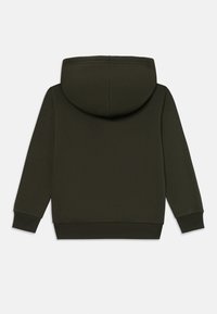 Mørkegrønn hettegenser i bomull med snorhette, lange ermer og ribbede mansjetter. Jevn tekstur, minimalt design, og ingen synlige mønstre.