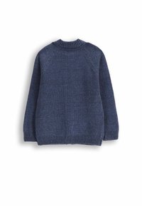 Granatowy sweter z dzianiny z prążkowanym dekoltem i mankietami. Posiada teksturowaną tkaninę, raglanowe rękawy oraz prosty dół.