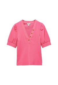 Rosa Kurzarmoberteil mit V-Ausschnitt, vier Holzknöpfen entlang des Ausschnitts und elastischen Raffungsausschnitten an den Ärmeln.