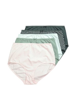 Fünf hoch taillierte Damenunterhosen in Pastellrosa mit schwarzen Punkten, Hellgrün, Weiß, Dunkelgrau mit weißen Punkten und einfarbig Dunkelgrau, gestapelt.