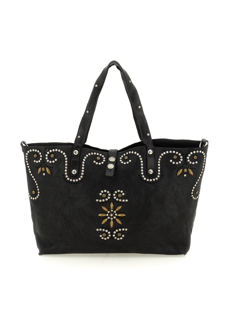 Borsa tote in pelle nera con design decorati da borchie e accenti floreali. Presenta doppi manici e una superficie testurizzata.