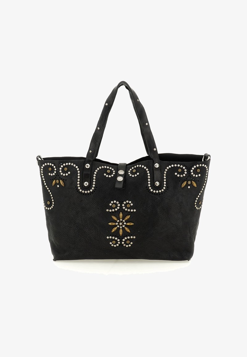 Borsa tote in pelle nera con design decorati da borchie e accenti floreali. Presenta doppi manici e una superficie testurizzata.