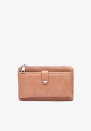 Pink leather wallet with a zip closure, a front snap pocket, and a smooth texture. Compact rectangular shape with minimalist design.