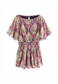 Lühikeste varrukatega lillemustriga pluus, elastse vööga ja ümmarguse kaelusega. Kerge kangas, millel on lilla, roosa ja türkiissinine paisley muster.