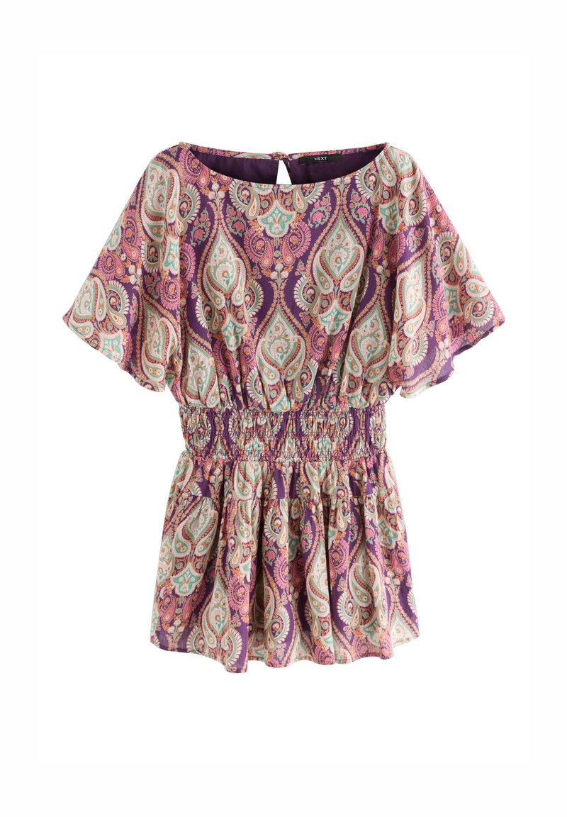 Lühikeste varrukatega lillemustriga pluus, elastse vööga ja ümmarguse kaelusega. Kerge kangas, millel on lilla, roosa ja türkiissinine paisley muster.