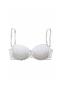 Witte bh met kant overlay, voorgelamineerde cups en verstelbare bandjes. Zachte textuur met een gedetailleerd bloemenpatroon en haak-en-oogsluiting.