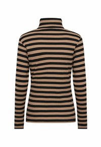 Långärmad polotröja med svarta och beige horisontella ränder. Ribbad textur och figurnära design; inga ytterligare detaljer eller hårdvara.