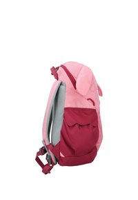 Rosa und kastanienbrauner Rucksack mit strukturierter Oberfläche, Netzriemen, einer Seitentasche und einem abgerundeten oberen Teil mit zwei markanten Ohren.