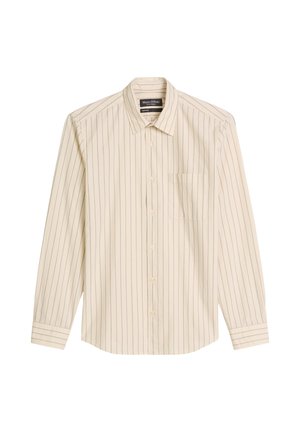 Μπεζ πουκάμισο με μακριά μανίκια, κουμπιά, λεπτές κάθετες μαύρες ρίγες και τσέπη στο στήθος σε απλό λευκό φόντο.