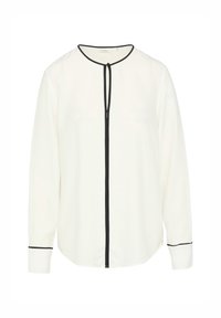 Wit blouse met lange mouwen en zwarte accenten. Heeft een ronde hals met een striksluiting en manchetten, gemaakt van een gladde stof.