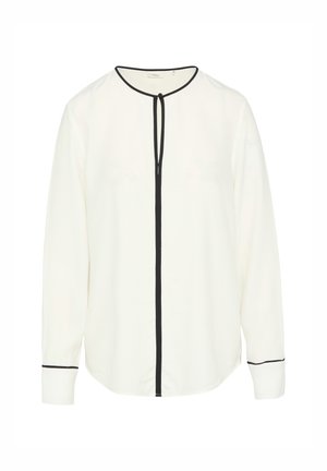 Langarmige, weiße Bluse mit schwarzen Akzenten. Verfügt über einen runden Ausschnitt mit einer Bindeschließe und gepufften Ärmeln, gefertigt aus einem glatten Stoff.