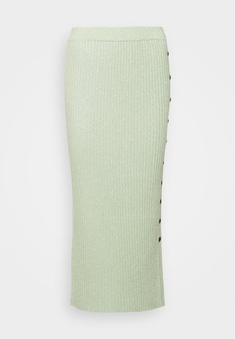 Saia midi texturizada em verde-pálido com um brilho subtil. Apresenta detalhes com botões ao longo do lado, feita de um tecido de malha elástica.