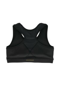 Black sports bra with a racerback design, made of smooth fabric featuring a mesh panel. A gold "SWEDEMOUNT" logo is at the bottom.