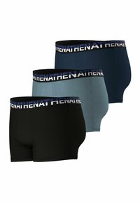 Ensemble de trois boxers pour hommes, présentant un éventail de couleurs noir, bleu clair et bleu foncé, avec une large ceinture noire affichant un logo de marque.