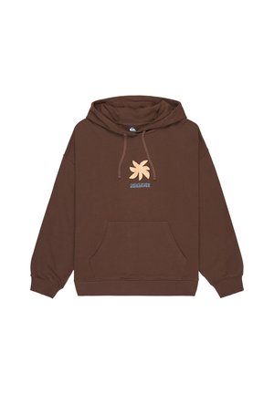 Bruine pullover hoodie met een trekkoord capuchon, kangoeroezak en beige logo's; gemaakt van zachte stof en heeft lange, losse mouwen.