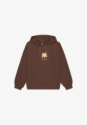 Haut de survêtement marron avec capuche à cordon, poche kangourou et logos beiges ; fabriqué en tissu doux, avec des manches longues et amples.