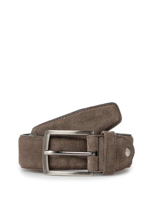 Brown suede belt with silver rectangular metal buckle, rolled with stitching detail and small metal logo on end against white background.