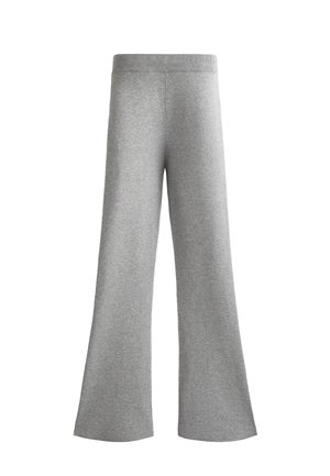 Gray, wide-leg sweatpants with a soft texture and a ribbed waistband. The design features a straight cut and no visible pockets.