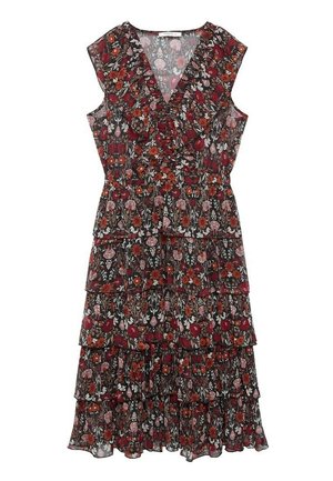 Mouwloze midi-jurk met geplooide laagjes en een gerimpelde V-hals, met een donker bloemenpatroon met rode, oranje en roze bloemen op een zwarte achtergrond.