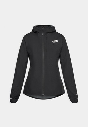 Juodas zip-up lietpaltis su kapišonu, ilgomis rankovėmis, krūtinės kišene ir baltu "The North Face" logotipu kairėje krūtinės pusėje.