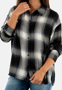 Camisa a cuadros en blanco y negro con botones, que presenta un corte relajado, mangas largas y detalles plateados en la tela. Llevada sobre unos jeans azules.