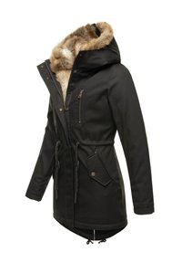 Schwarze Parka mit Kapuze aus Kunstfell, Reißverschluss vorne, Kordelzug in der Taille und mehreren Taschen. Verfügt über ein weiches, strukturiertes Innenfutter.