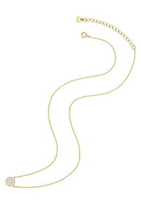 Collier en or avec un pendentif rond orné de diamants. La chaîne a un design délicat et présente un fermoir à homard ainsi qu'une longueur ajustable.