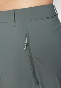 Graue technische Hose mit einer Reißverschlusstasche und einem metallischen Reißverschlussanhänger. Glattes Material mit dezentem Glanz und elastischem Taillendetail.
