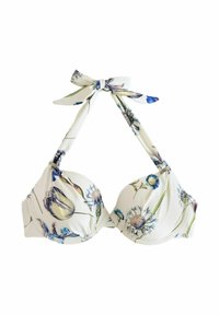 Bloemige bikinitop met gevoerde cups, witte achtergrond, verstelbare strikbandjes en een mix van blauwe en paarse bloempatronen.