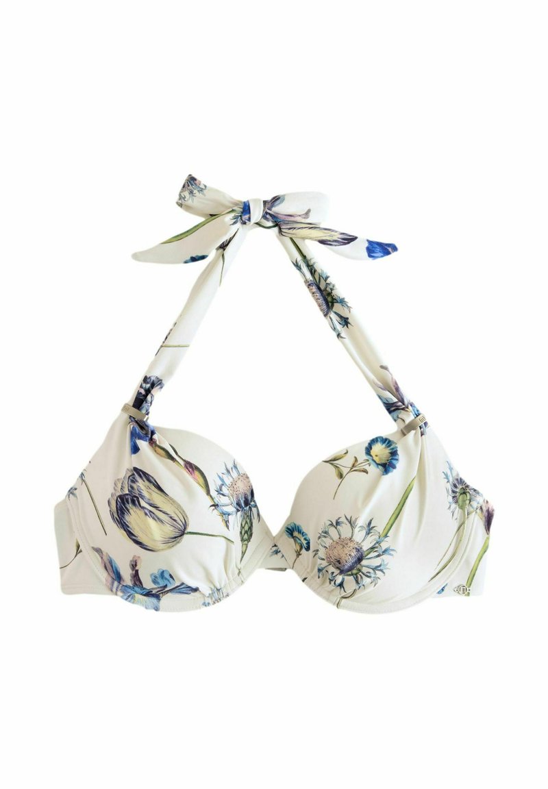 Bloemige bikinitop met gevoerde cups, witte achtergrond, verstelbare strikbandjes en een mix van blauwe en paarse bloempatronen.
