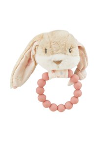 Soft rabbit teether with plush beige head, patterned fabric ears, and pink silicone bead ring. Features textured materials and gentle colors.