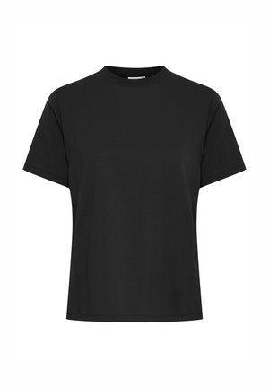 Čierne tričko s krátkym rukávom a okrúhlym výstrihom, s voľným strihom, zobrazené na jednoduchom bielom pozadí.