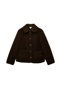 Hnedý fleece kabát s golierom, predným zapínaním na gombíky a dvoma náprsnými vreckami. Mäkka štruktúra s jednoduchým, uvoľneným strihom.