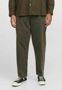 Olive green cotton pants with a relaxed fit, straight legs, and a slight gloss. Paired with black low-top sneakers.
