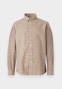 Beige and brown checked long-sleeve button-up shirt with button-down collar, displayed on a plain background, front view.