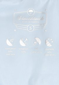 Világoskék, vízálló szövet, amely logót és ikonokat tartalmaz a szélállóság, a teljesen ragasztott varratok és a lélegző tulajdonságok jelzésére, valamint teljesítményértékelésekkel.