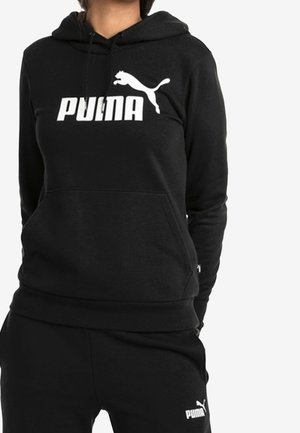 Schwarzer Sweatshirt mit Kordelzugkapuze, Kängurutasche und weißem Puma-Logo auf der Vorderseite. Glattes Material mit gerippten Bündchen und Saum.