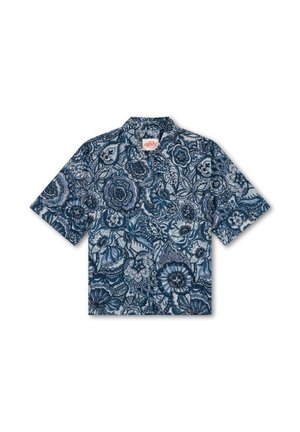 Overhemd met korte mouwen en knopen met blauw-wit bloem- en bladmuster, voorzien van een kraag en een borstzak aan de voorkant.